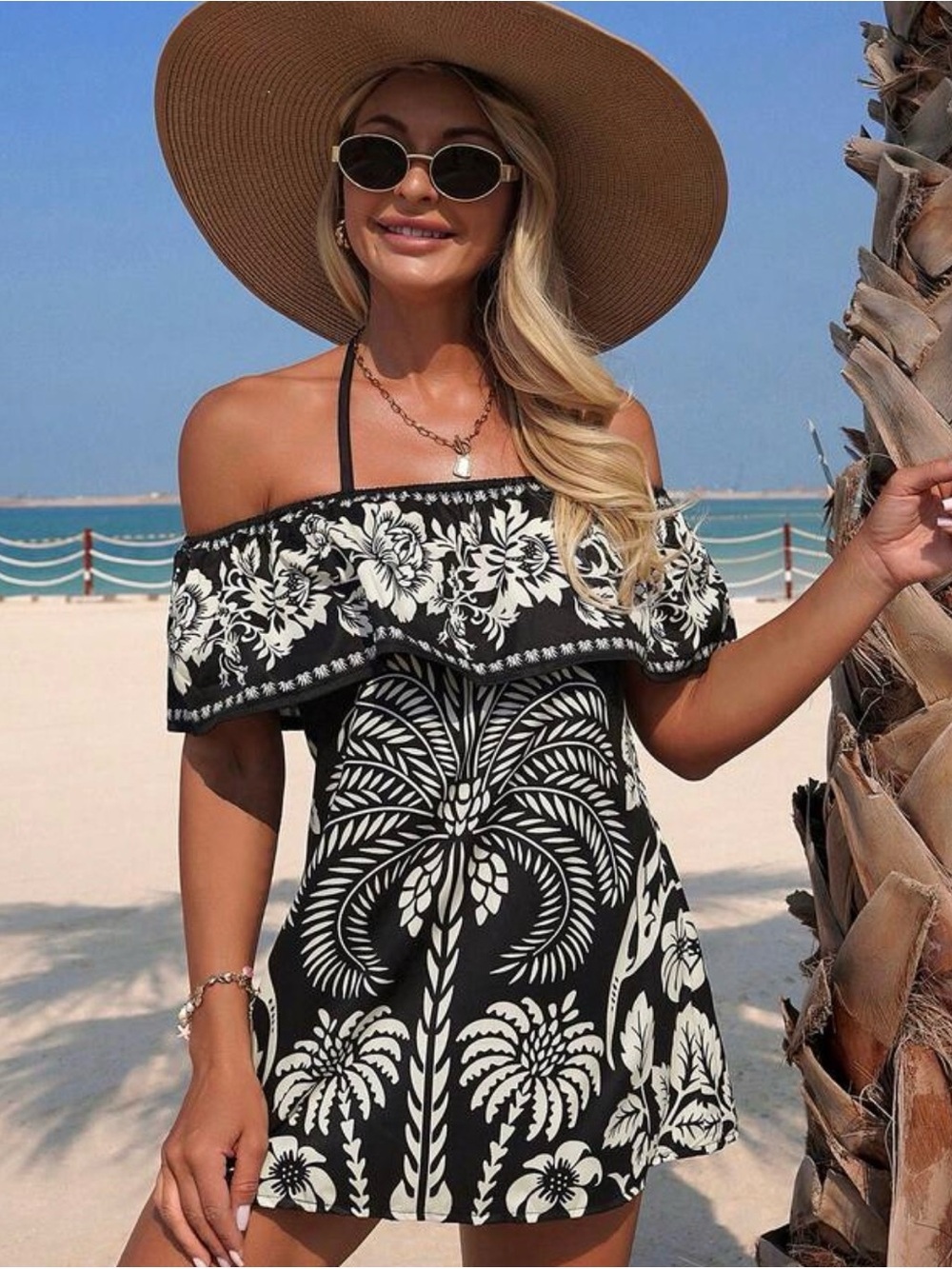 NEW Off-Shoulder Black & White Tropical Swim Cover-Up Dress
